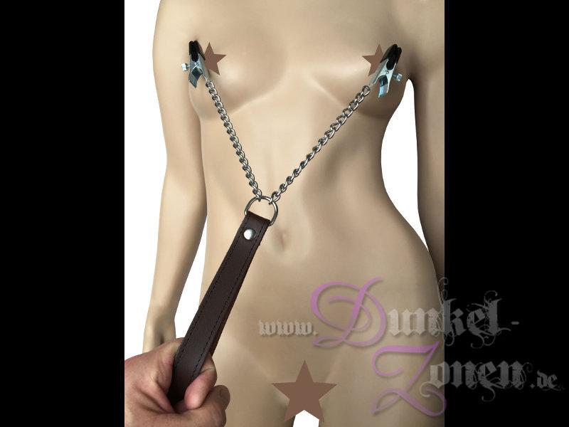 DOPPEL-NIPPELKLEMMEN + LEINE + LEDER-GRIFF - Metallkette Leder-Handschlaufe braun