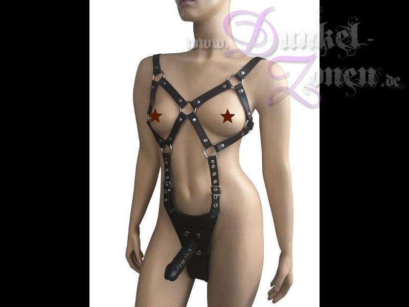 DAMEN BODY-HARNESS MIT STRAP-ON - Leder Körper-Geschirr mit Dildo-Slip Umschnalldildo