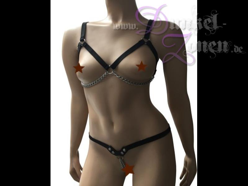 DAMEN KÖRPERBAND BODY-BAND MIT ZIER-KETTE - schwarzes Flexband Elastikband Gummizugband