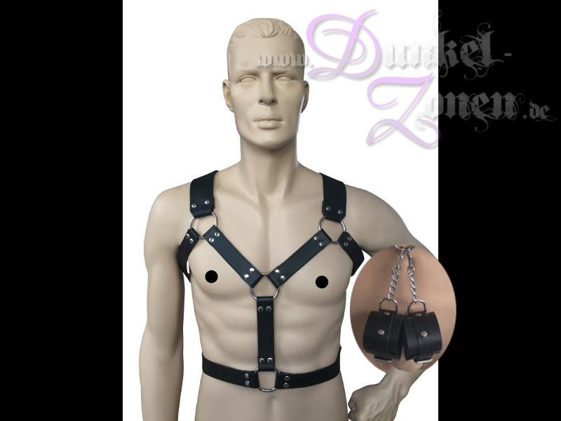 HERREN HARNESS V1 MIT HANDFESSELN - Leder-Riemen Outfit BDSM Bekleidung schwarz oder braun