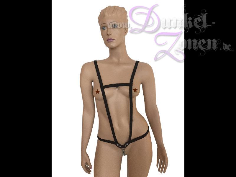 DAMEN KÖRPERBAND BODYBAND MIT SCHRITT-KETTE - schwarzes Flexband Elastikband Gummizugband
