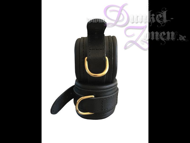 HANDFESSELN 5CM LEDER - schwarz mit goldenen Ringen - Hand-Fesseln