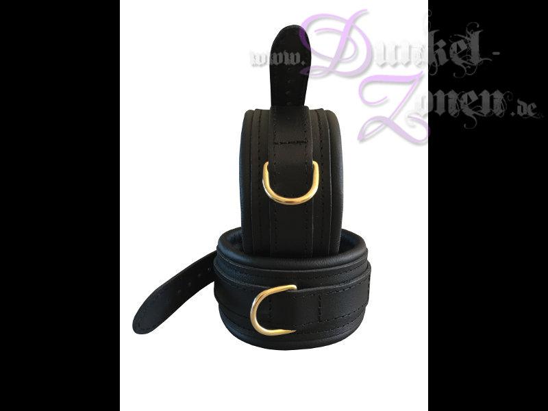 FUßFESSELN 5CM LEDER - schwarz mit goldenen Ringen - Hand-Fesseln
