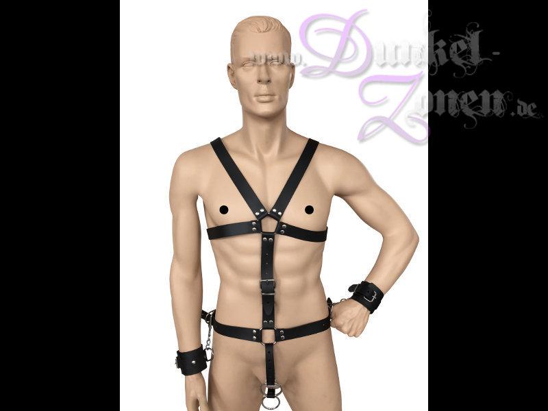 HERREN RIEMEN-HARNESS *STAR* MIT GENITAL-RINGEN + FESSELN - Lederharness Körpergeschirr Zaumzeug