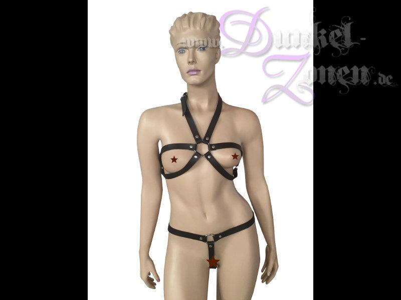 DAMEN RIEMEN-BIKINI - Harness Körper-Geschirr Zaumzeug aus Leder schwarz