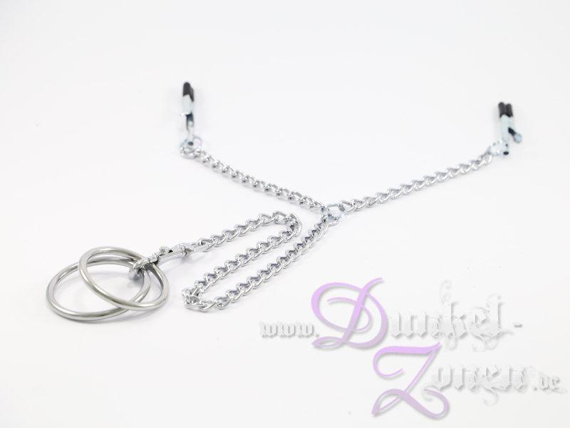 HERREN KETTEN-ZAUMZEUG MIT 2 RINGEN + NIPPEL-KLEMMEN - Sklaven Tool Metall 