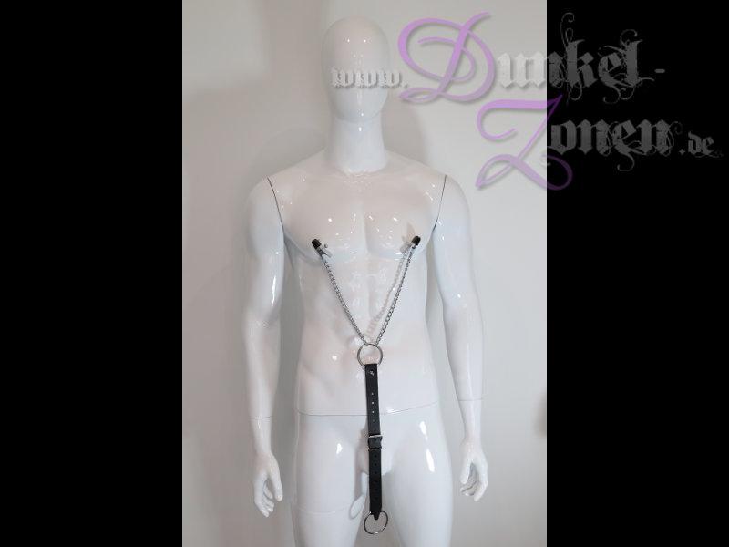 HERREN KETTEN LEDER ZAUMZEUG MIT O RING + NIPPEL-KLEMMEN - BDSM Instrument