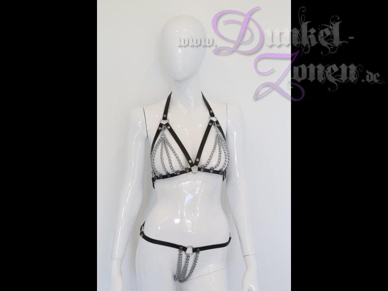 DAMEN BH + STRING TANGA SET *LEATHER AND CHAINS* - Leder Ketten Dessous Slip Outfit