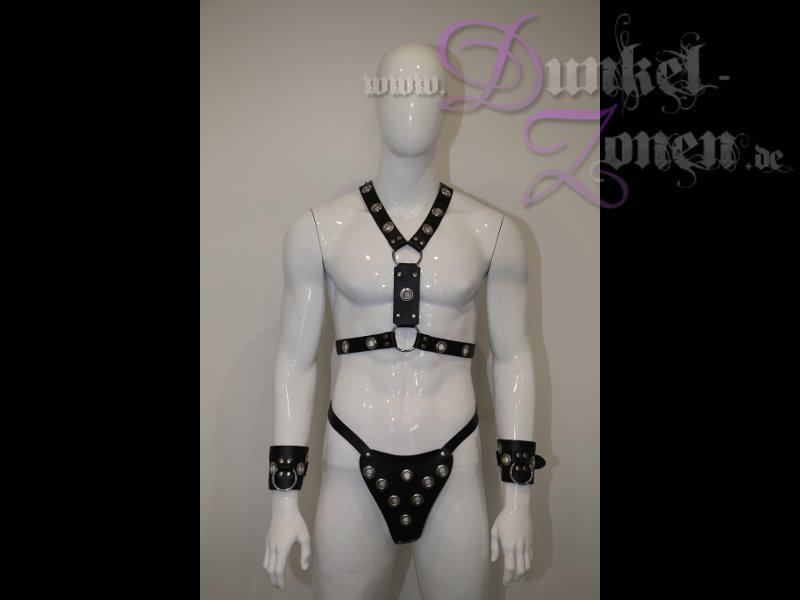 HERREN KOMPLETT-SET *MAN* - Leder Harness + Slip + Handfesseln mit Metall Nieten und Ringen