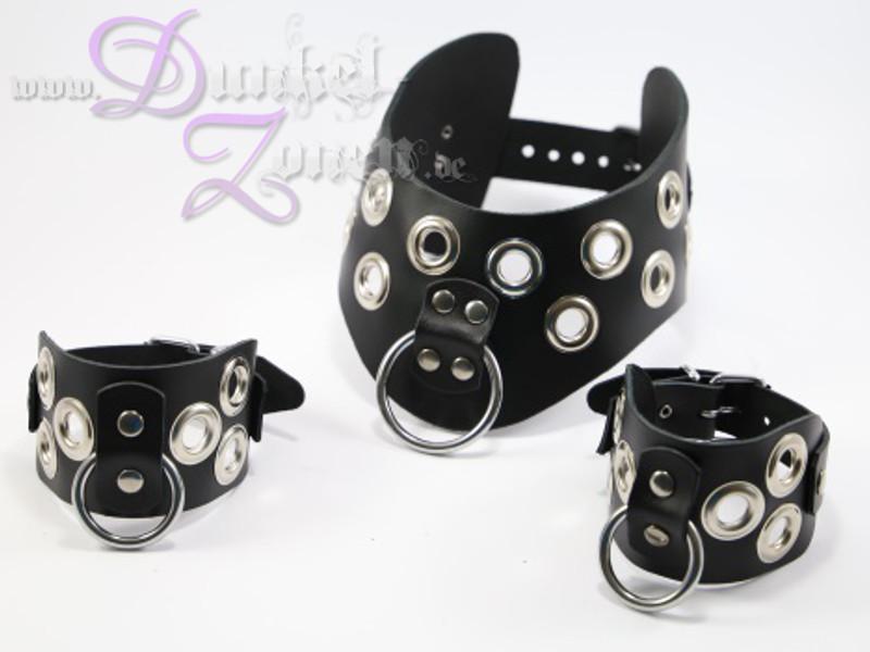 HALS HANDFESSELN SET - Halsband Armbänder mit Ringen und Nieten - Slave Accessoires