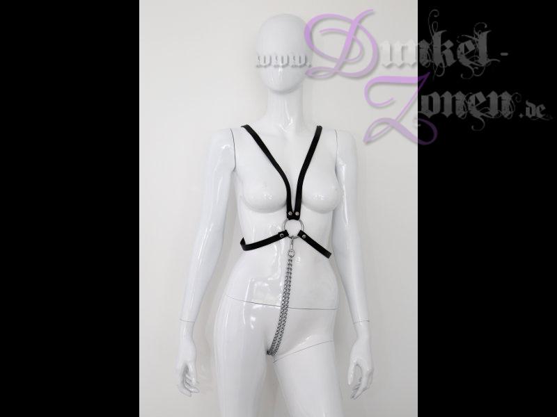 DAMEN LEDER KETTEN BODY *DOUBLE FETISH* - Leder Riemen Kreuz mit Schrittketten - BDSM-Outfit