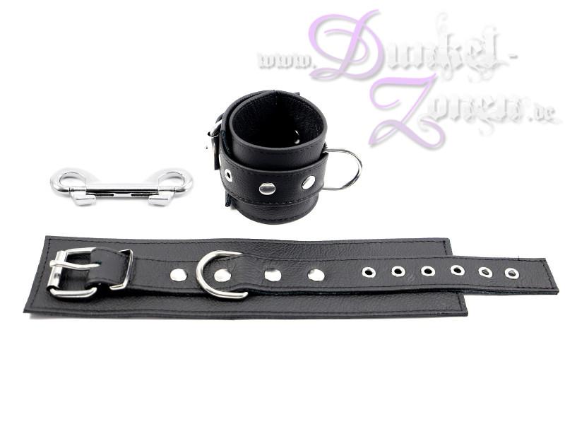 FUSSFESSELN *PURE LUXURY* - schwarze Leder Fuß-Fesseln dreilagig mit Doppelkarabiner