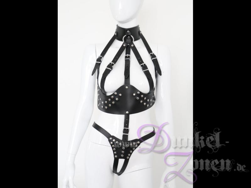 DAMEN HALSBAND BODY SET - sexy Leder Bekleidung schwarz - BDSM Fetisch Outfit