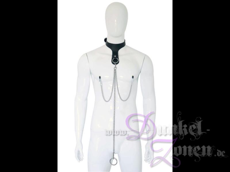 HERREN KETTEN-GESCHIRR *GENTLEMAN* Halsband Brust-Klammern Penis- Hoden-Ringe