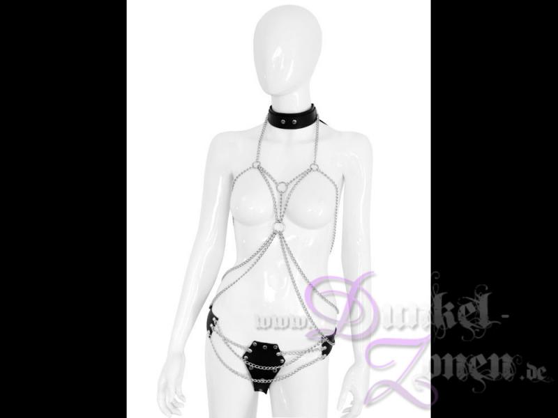 DAMEN CHAINS BODY SET - sexy Ketten Body mit schwarzem Leder Halsband und Slip