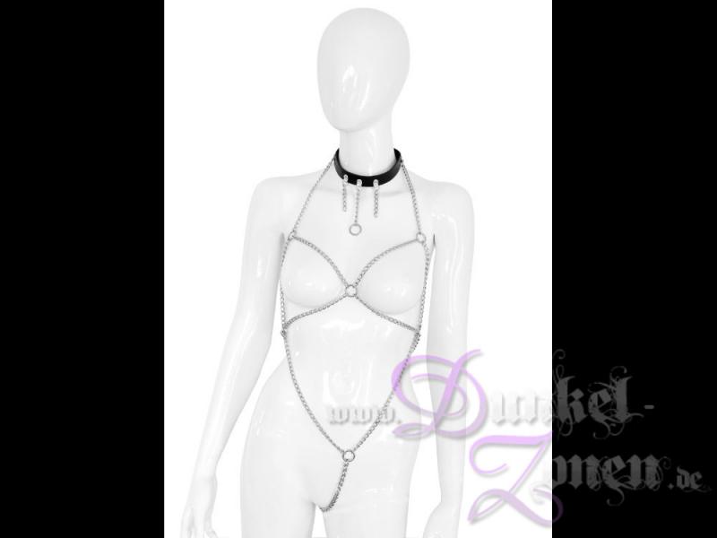 DAMEN CHAINS BODY - sexy Ketten Body mit schwarzem Leder Halsband Fessel - BDSM-Outfit