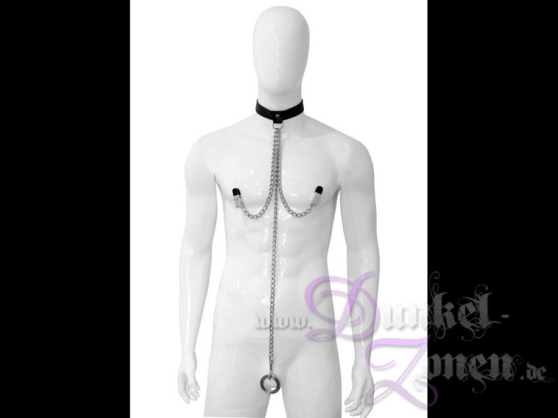HERREN KETTEN-GESCHIRR mit schwarzem Halsband Brustnippel-Klammern und Penis- Hoden-Ringen