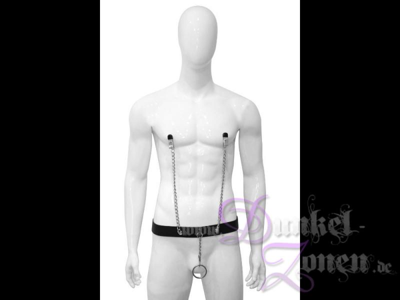 HERREN GÜRTEL *CHAIN MASTER* - Gurt mit Ketten Brust-Klammern und Intim-Ring