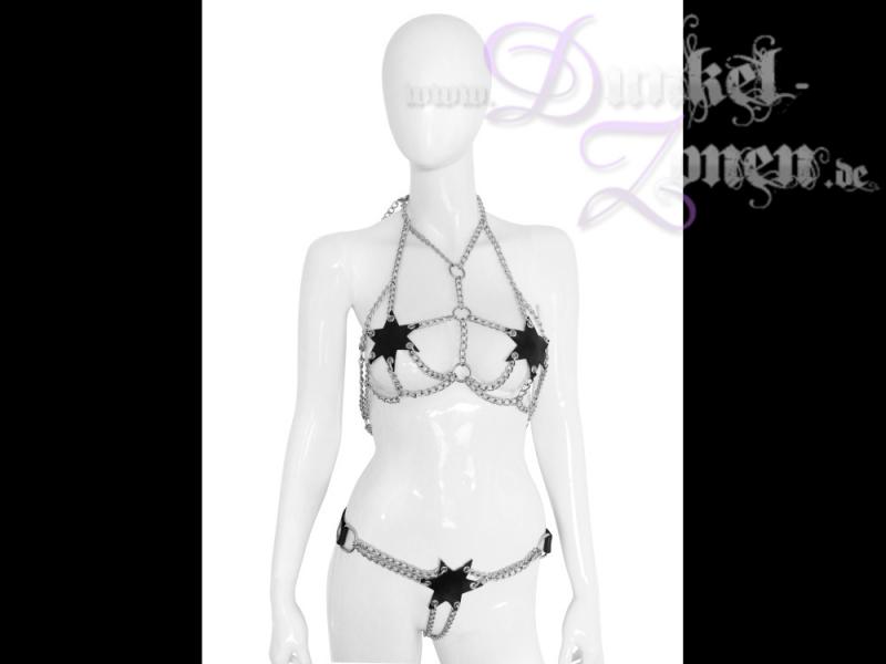 DAMEN BRA SET *BE MY STAR* - Ketten BH und Slip mit schwarzen Leder-Applikationen - sexy Outfit