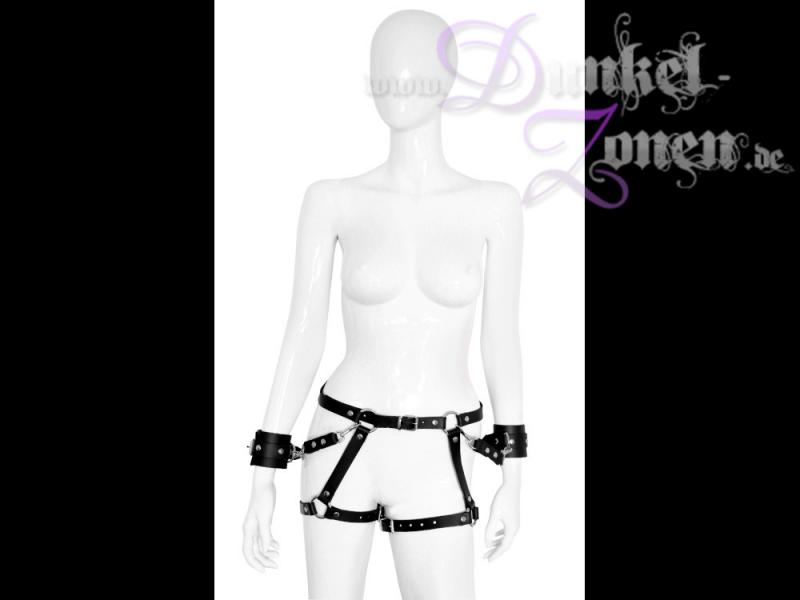 LEDER UNTERTEIL HARNESS - Echtleder Körper-Geschirr mit Hand-Fesseln + Oberschenkel-Riemen
