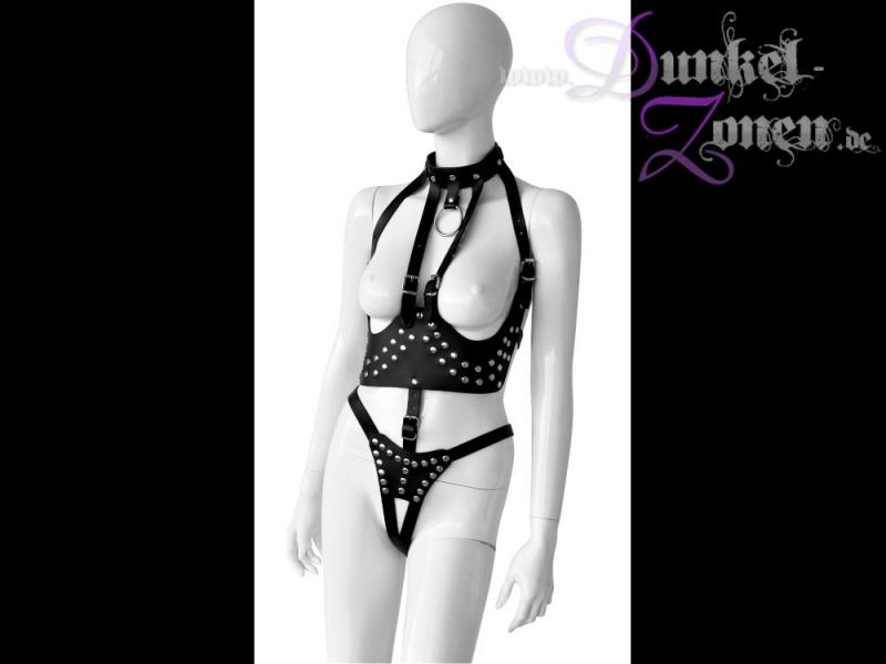 DAMEN LEDER BODY SET *COLLAR* - Körper Harness schwarz - Halsband Body Slip - Fetisch BDSM Outfit