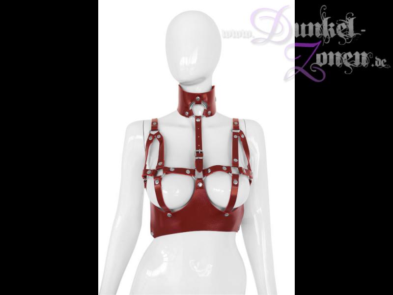 DAMEN BH HALSFESSEL KOMBINATION *RED PRISONER* - sexy Leder Kombi Kleidung rot - BDSM-Outfit