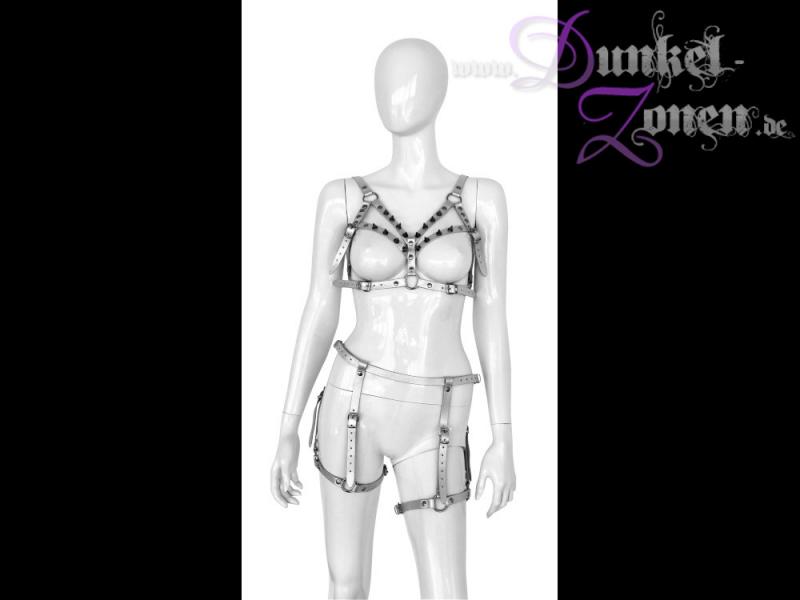 DAMEN LEDER BODY SET *WOMAN IN SILVER* - schickes Riemen Outfit in silber - Oberteil Unterteil