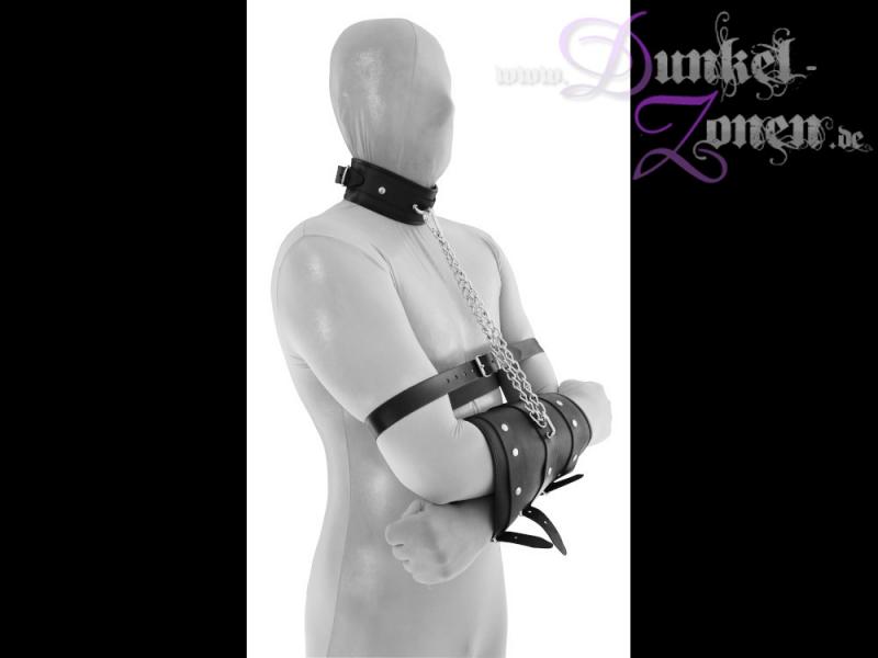 ARM-FIXATOR *DOUBLE* mit HALS-FESSEL und METALL-KETTE - Leder-Fessel Fixierung Werkzeug Slave Tool
