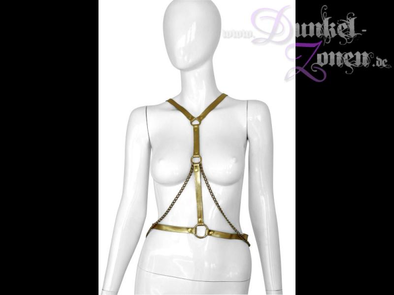DAMEN HARNESS *GOLD* - schicke BDSM Kombination aus Kunststoff Riemen mit Ketten - Outfit