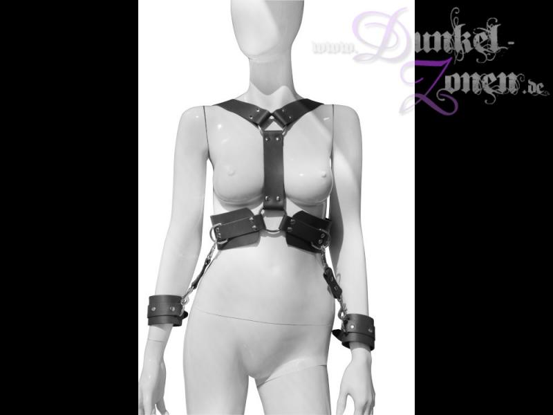 DAMEN LEDER BODY HARNESS *ANTHRAZIT* mit Handfesseln - Körpergeschirr Bodyharness Fessel Zaumzeug