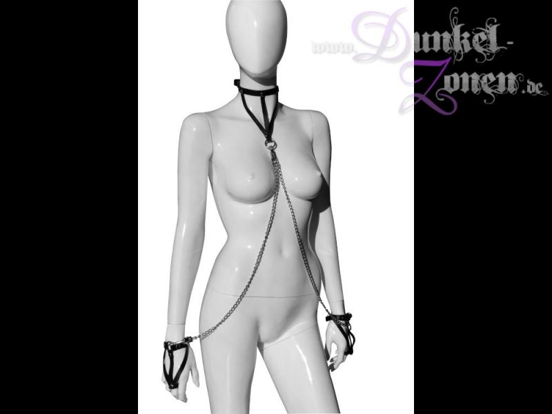 HALSFESSEL HANDFESSELN SET - Lederfesseln mit Metallketten - schickes BDSM Outfit Accessoire