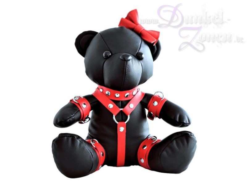 TEDDY BÄRIN - BDSM schwarzrote Leder Teddybärin mit Fesseln und Metallringen - BDSM-Deko