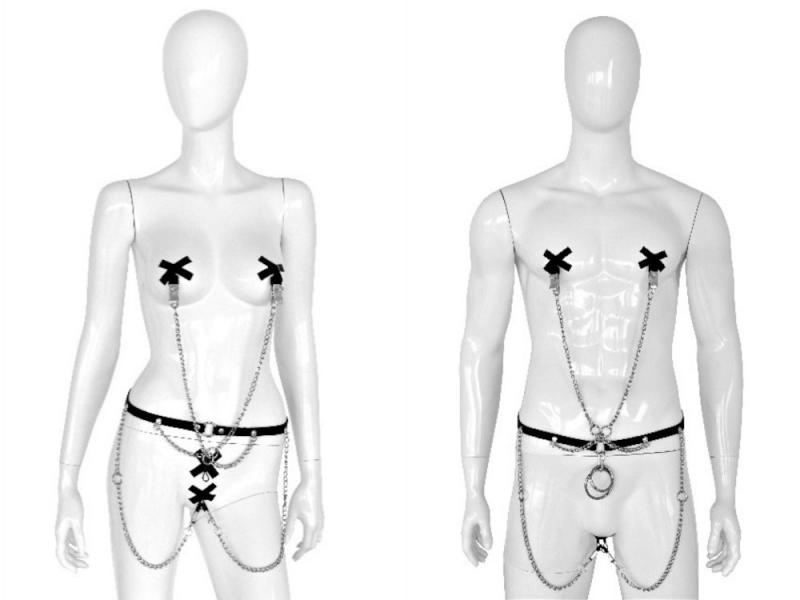 KETTENHARNESS *UNISEX* - Damen Herren Zaumzeug mit Metall Ketten Klammern Leder Hüftriemen