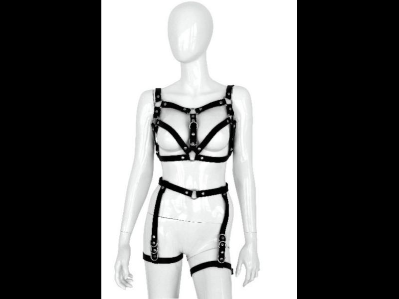 DAMEN RIEMEN BODY HARNESS SET - schwarz aus echtem Leder - BDSM Zaumzeug Outfit