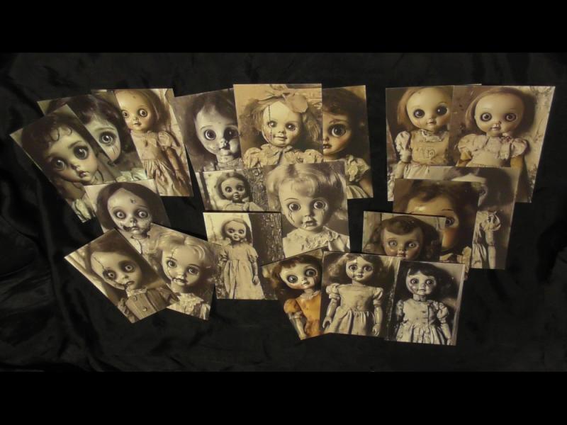 KARTEN SET GRUSEL PUPPEN 1 - 20 St&uuml;ck retro vintage Horror Dolls Bilder Sammlung Postkarten-gro&szlig;