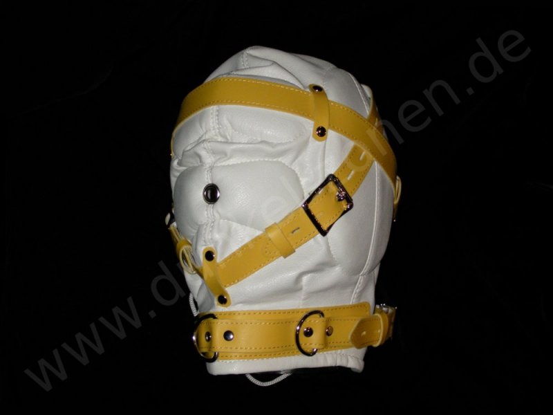 BONDAGE MASKE *VOLLE ISOLATION* weiß Leder - Klinik Doktorspiele - Mask Hood