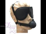 AUGENMASKE MIT BALL-KNEBEL - schwarze Ledermaske mit TPE Mundknebel