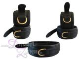 FESSELSET 5CM LEDER - schwarz mit goldenen Ringen - Fessel-Set für Hals Hand Fuß