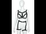 DAMEN RIEMEN BODY HARNESS SET - schwarz aus echtem Leder - BDSM Zaumzeug Outfit